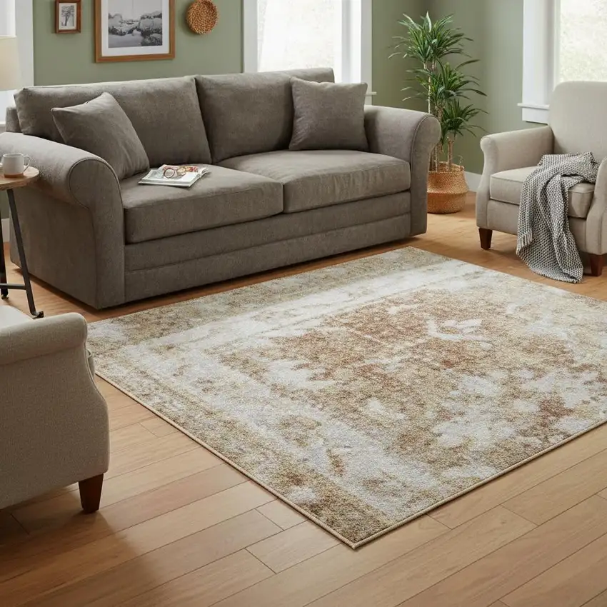 Rust And Ivory Floral Distressed Area Rug Photo 1