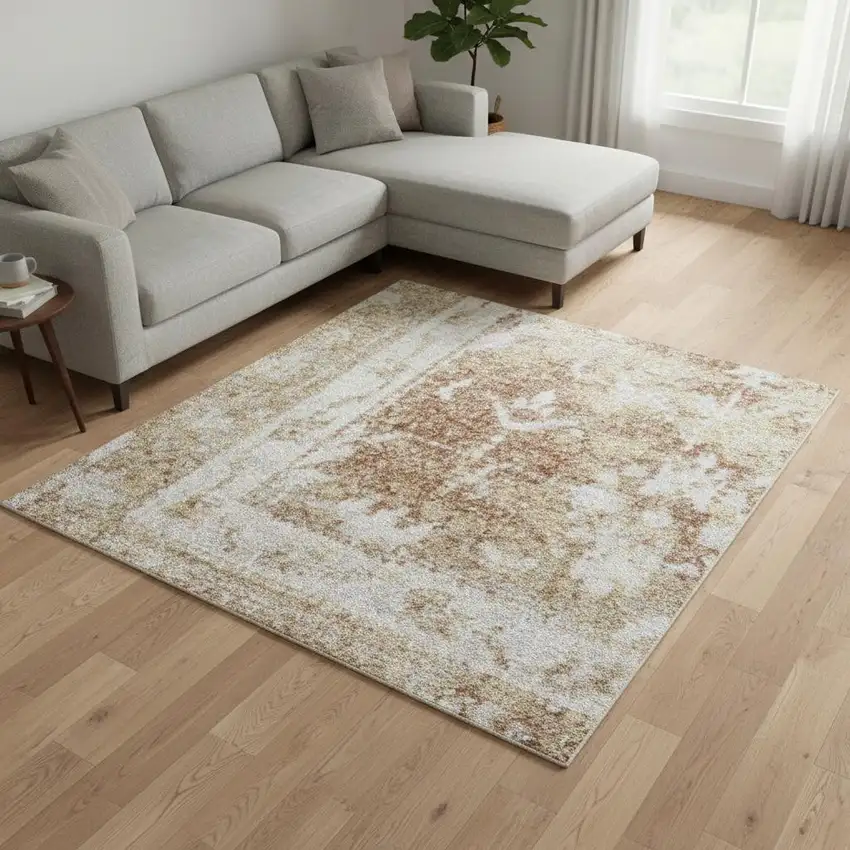 Rust And Ivory Floral Distressed Area Rug Photo 1