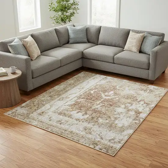 Rust And Ivory Floral Distressed Area Rug Photo 1