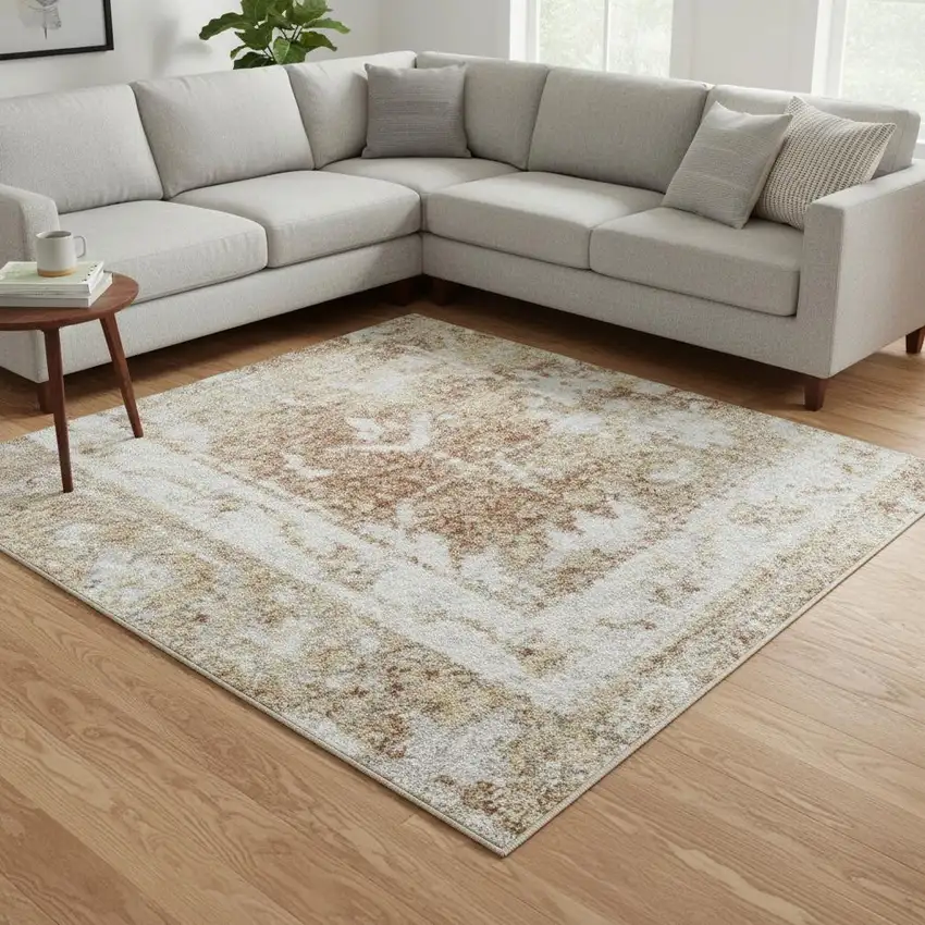 Rust And Ivory Floral Distressed Area Rug Photo 1