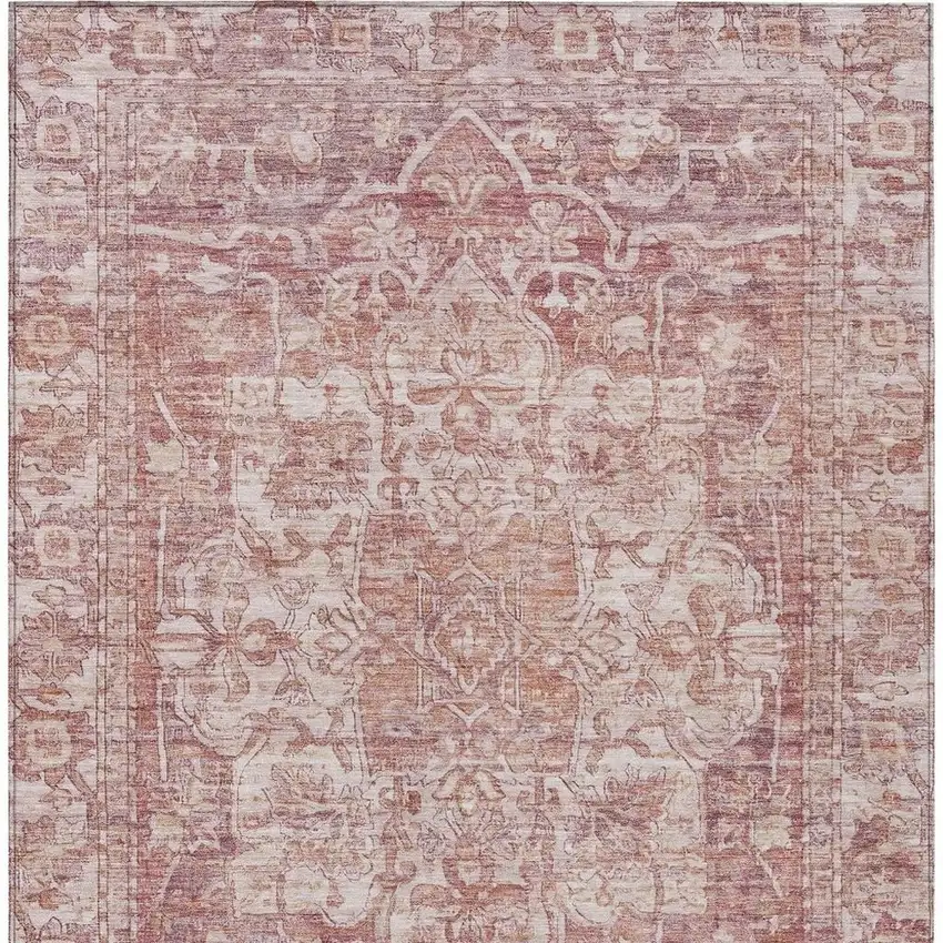 Rust And Ivory Floral Medallion Washable Indoor Outdoor Area Rug Photo 4