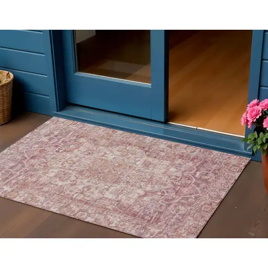 Rust And Ivory Floral Medallion Washable Indoor Outdoor Area Rug Photo 2