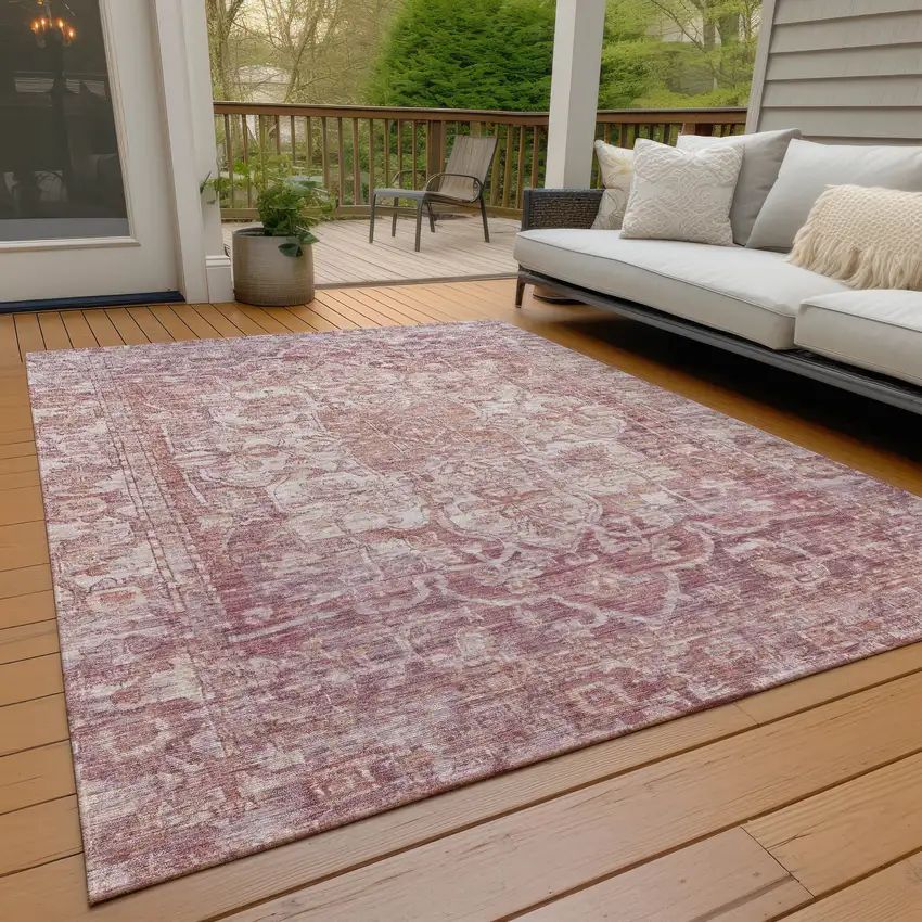 Rust And Ivory Floral Medallion Washable Indoor Outdoor Area Rug Photo 8