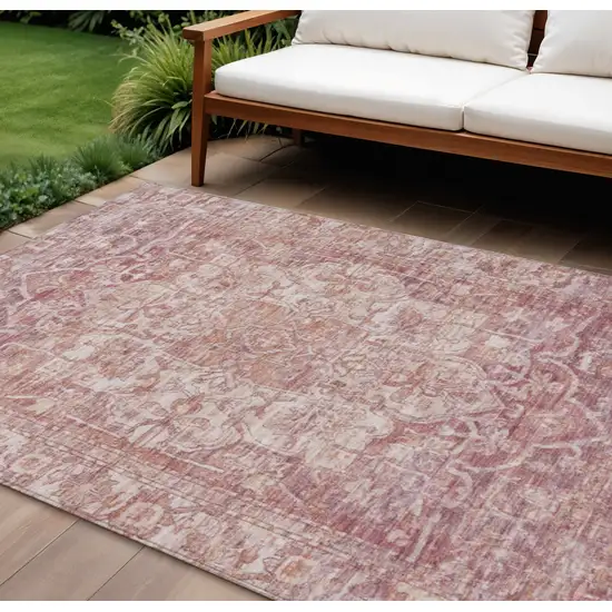 Rust And Ivory Floral Medallion Washable Indoor Outdoor Area Rug Photo 2