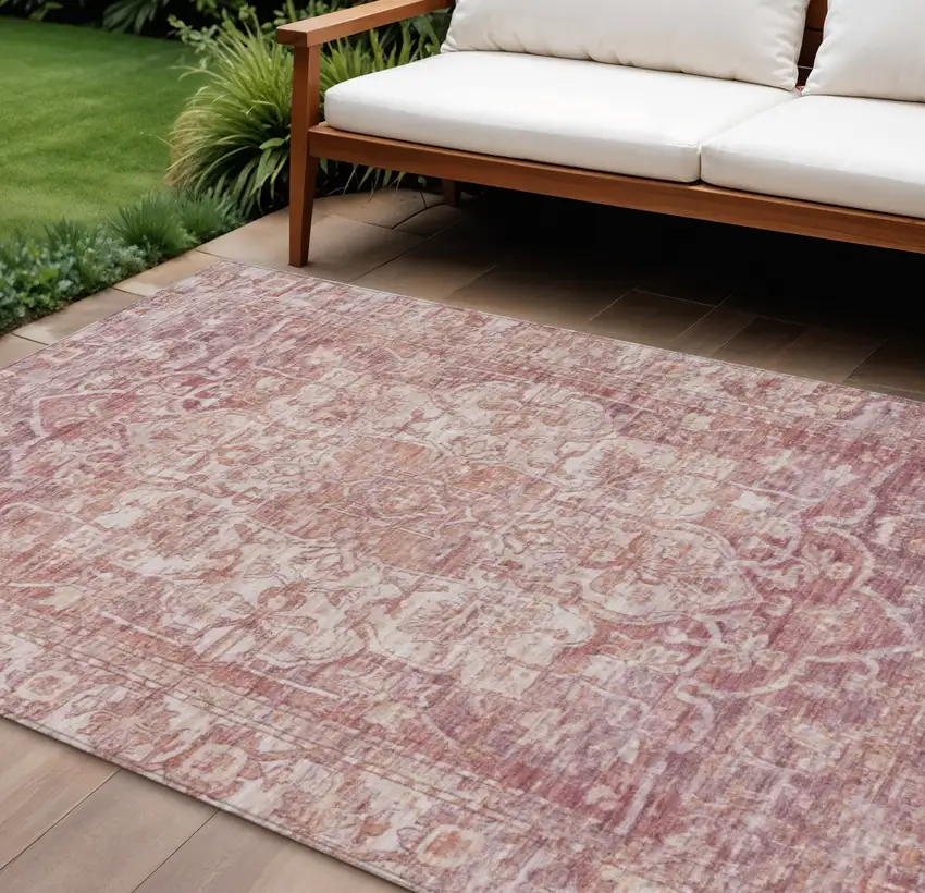 Rust And Ivory Floral Medallion Washable Indoor Outdoor Area Rug Photo 2