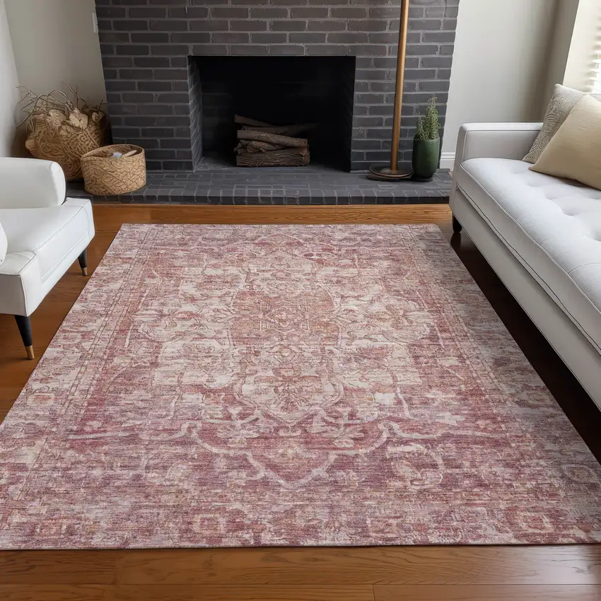 Rust And Ivory Floral Medallion Washable Indoor Outdoor Area Rug Photo 7