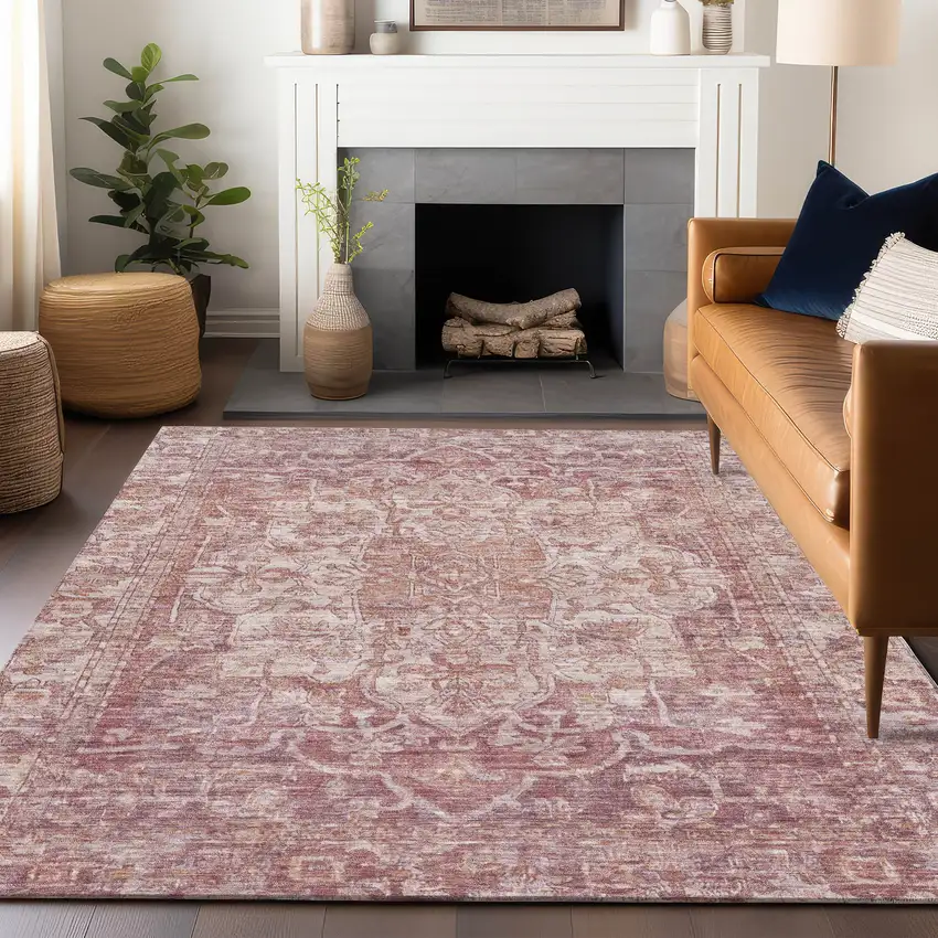 Rust And Ivory Floral Medallion Washable Indoor Outdoor Area Rug Photo 6