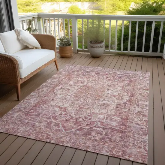Rust And Ivory Floral Medallion Washable Indoor Outdoor Area Rug Photo 5