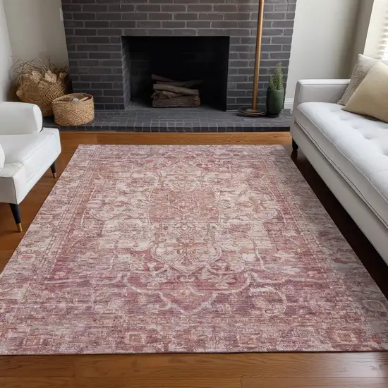 Rust And Ivory Floral Medallion Washable Indoor Outdoor Area Rug Photo 8