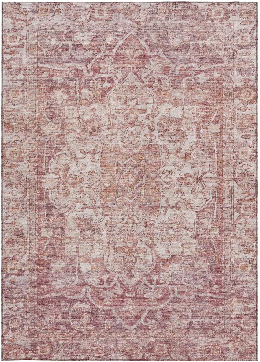 Rust And Ivory Floral Medallion Washable Indoor Outdoor Area Rug Photo 5