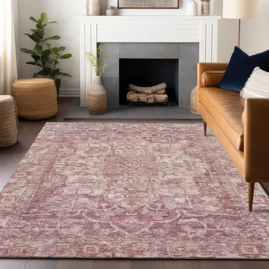 Rust And Ivory Floral Medallion Washable Indoor Outdoor Area Rug Photo 7