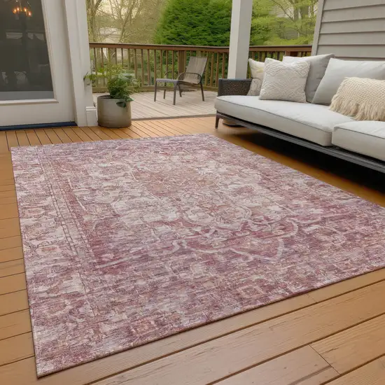 Rust And Ivory Floral Medallion Washable Indoor Outdoor Area Rug Photo 9