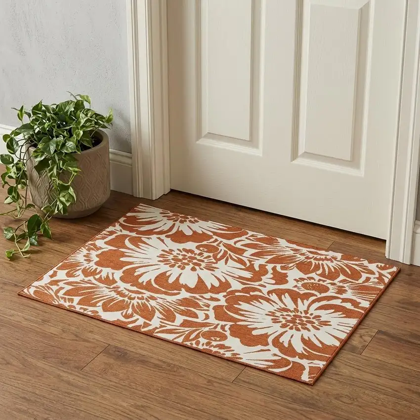 Rust And Ivory Floral Washable Area Rug With UV Protection Photo 1
