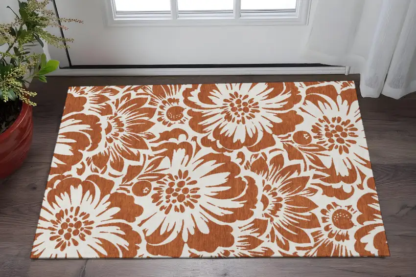 Rust And Ivory Floral Washable Area Rug With UV Protection Photo 2