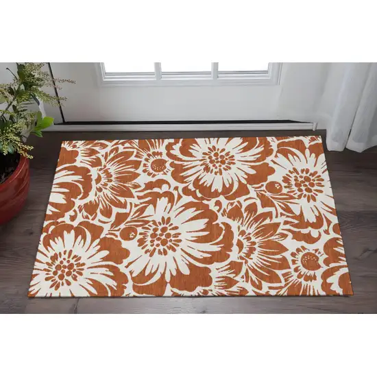 Rust And Ivory Floral Washable Area Rug With UV Protection Photo 2