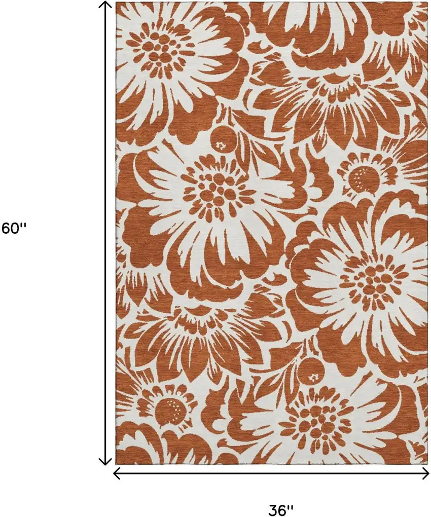 Rust And Ivory Floral Washable Area Rug With UV Protection Photo 7