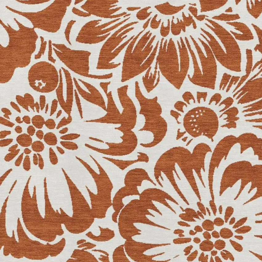 Rust And Ivory Floral Washable Area Rug With UV Protection Photo 3