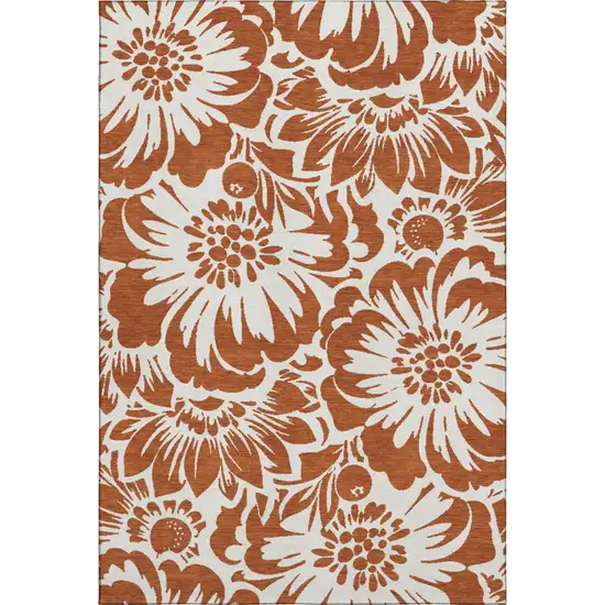 Rust And Ivory Floral Washable Area Rug With UV Protection Photo 1