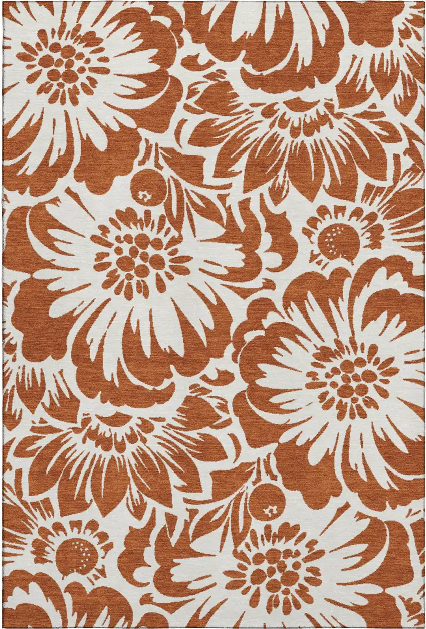 Rust And Ivory Floral Washable Area Rug With UV Protection Photo 1