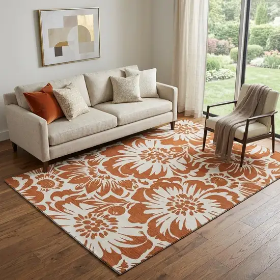 Rust And Ivory Floral Washable Area Rug With UV Protection Photo 1