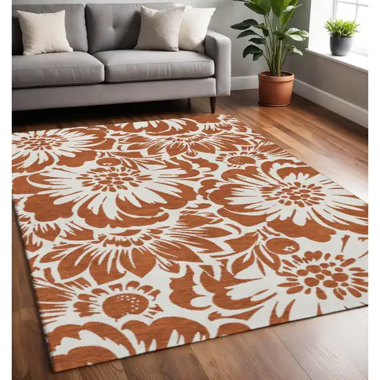 Rust And Ivory Floral Washable Area Rug With UV Protection Photo 2