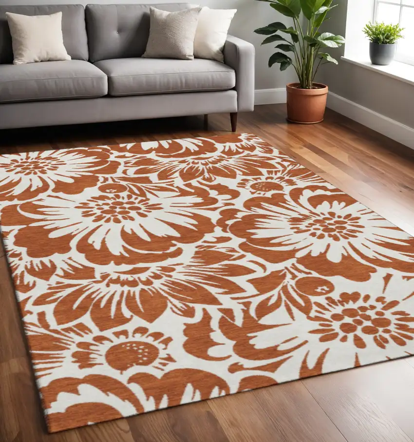Rust And Ivory Floral Washable Area Rug With UV Protection Photo 2