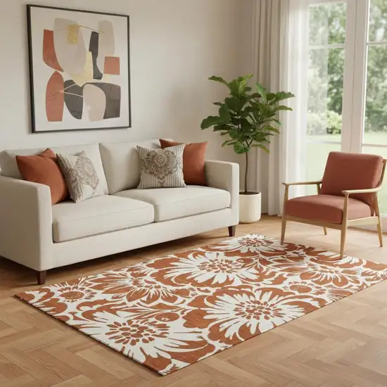 Rust And Ivory Floral Washable Area Rug With UV Protection Photo 1