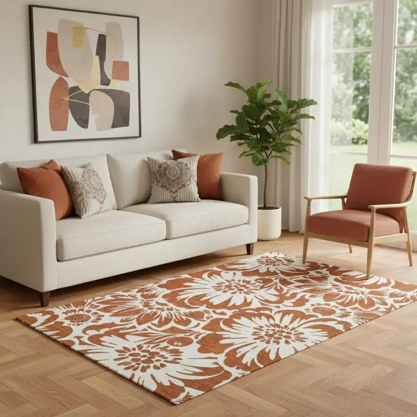 Rust And Ivory Floral Washable Area Rug With UV Protection Photo 1