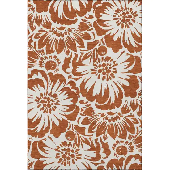 Rust And Ivory Floral Washable Area Rug With UV Protection Photo 4