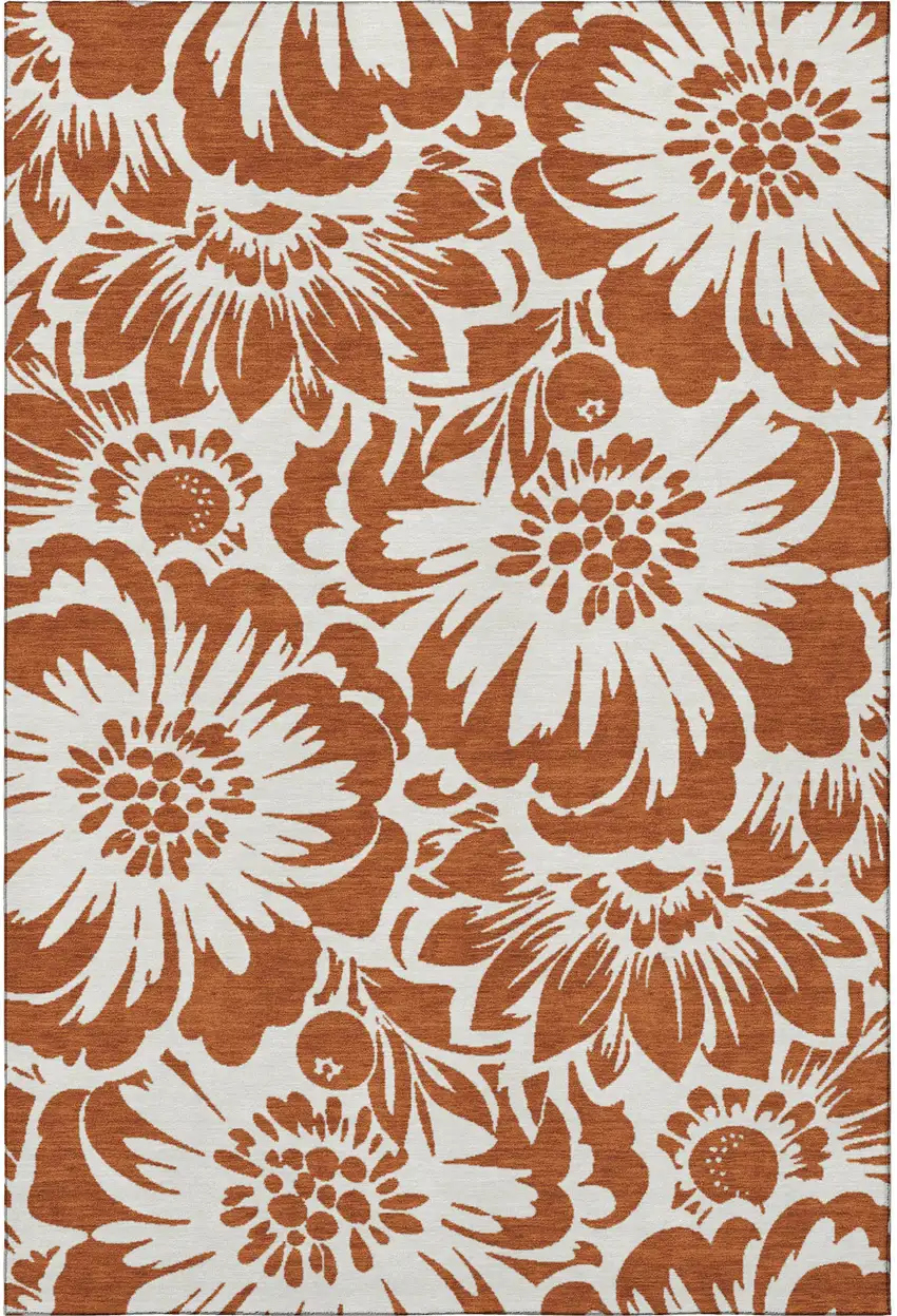 Rust And Ivory Floral Washable Area Rug With UV Protection Photo 4