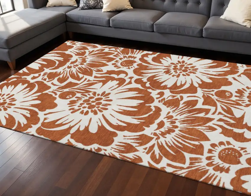 Rust And Ivory Floral Washable Area Rug With UV Protection Photo 2