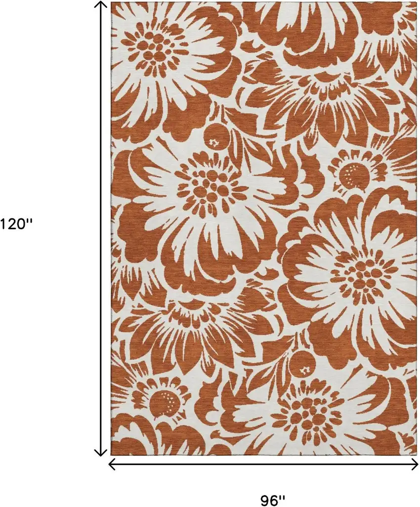 Rust And Ivory Floral Washable Area Rug With UV Protection Photo 9