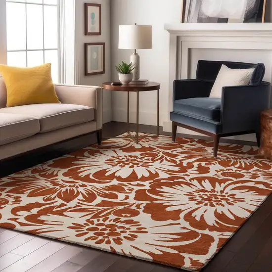 Rust And Ivory Floral Washable Area Rug With UV Protection Photo 4