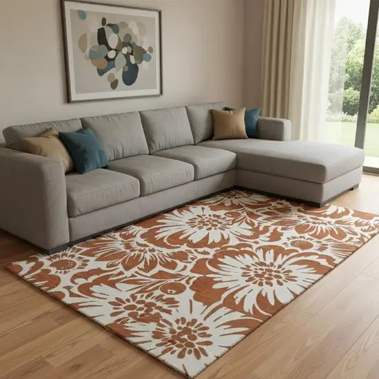 Rust And Ivory Floral Washable Area Rug With UV Protection Photo 1
