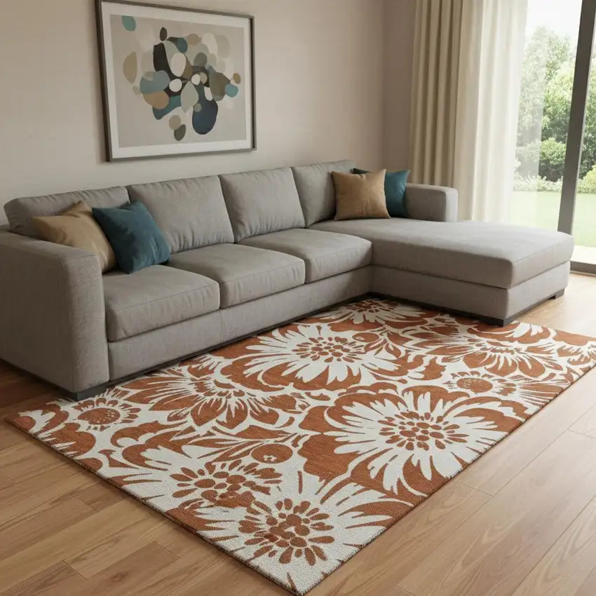 Rust And Ivory Floral Washable Area Rug With UV Protection Photo 1