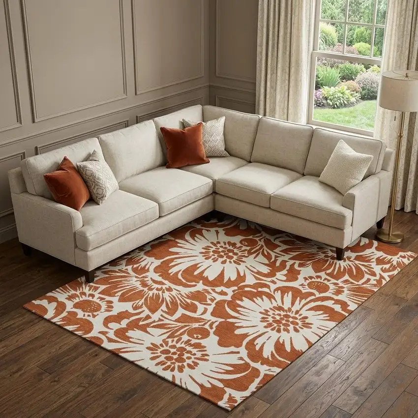 Rust And Ivory Floral Washable Area Rug With UV Protection Photo 1