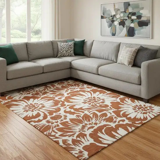 Rust And Ivory Floral Washable Area Rug With UV Protection Photo 1