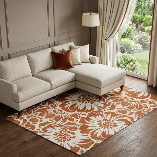 Rust And Ivory Floral Washable Area Rug With UV Protection Photo 1