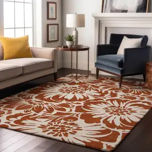 Photo of Rust And Ivory Floral Washable Area Rug With UV Protection