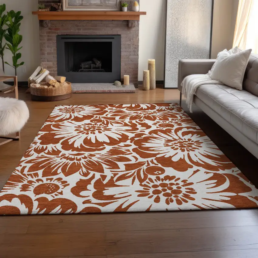 Rust And Ivory Floral Washable Area Rug With UV Protection Photo 5