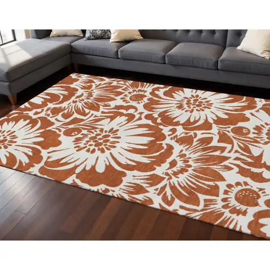 Rust And Ivory Floral Washable Area Rug With UV Protection Photo 2
