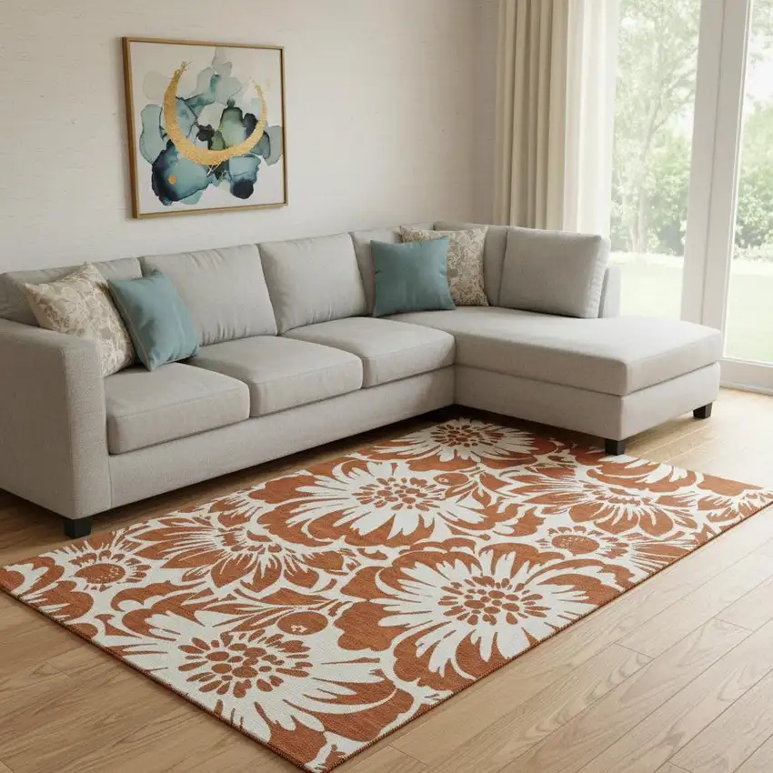 Rust And Ivory Floral Washable Area Rug With UV Protection Photo 1