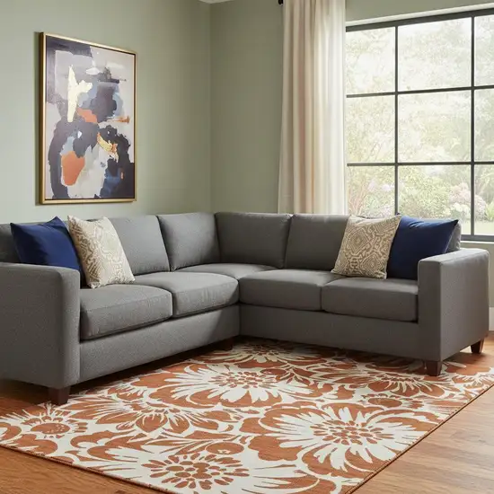 Rust And Ivory Floral Washable Area Rug With UV Protection Photo 4