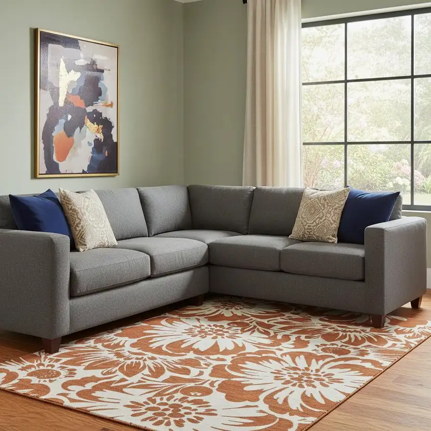 Rust And Ivory Floral Washable Area Rug With UV Protection Photo 4