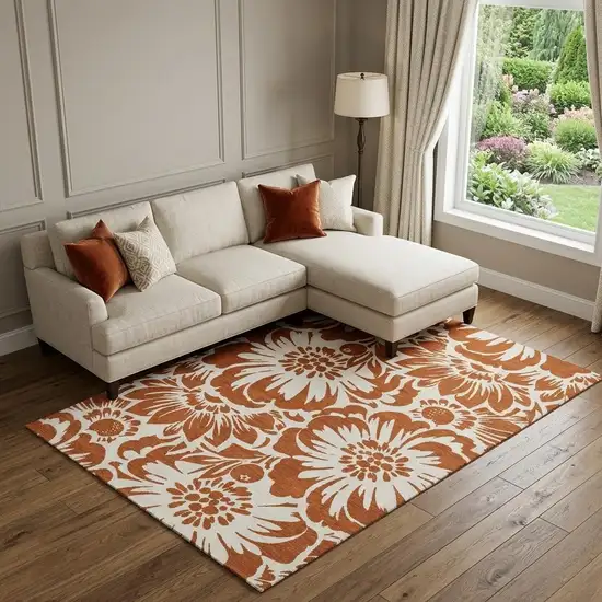 Rust And Ivory Floral Washable Area Rug With UV Protection Photo 1