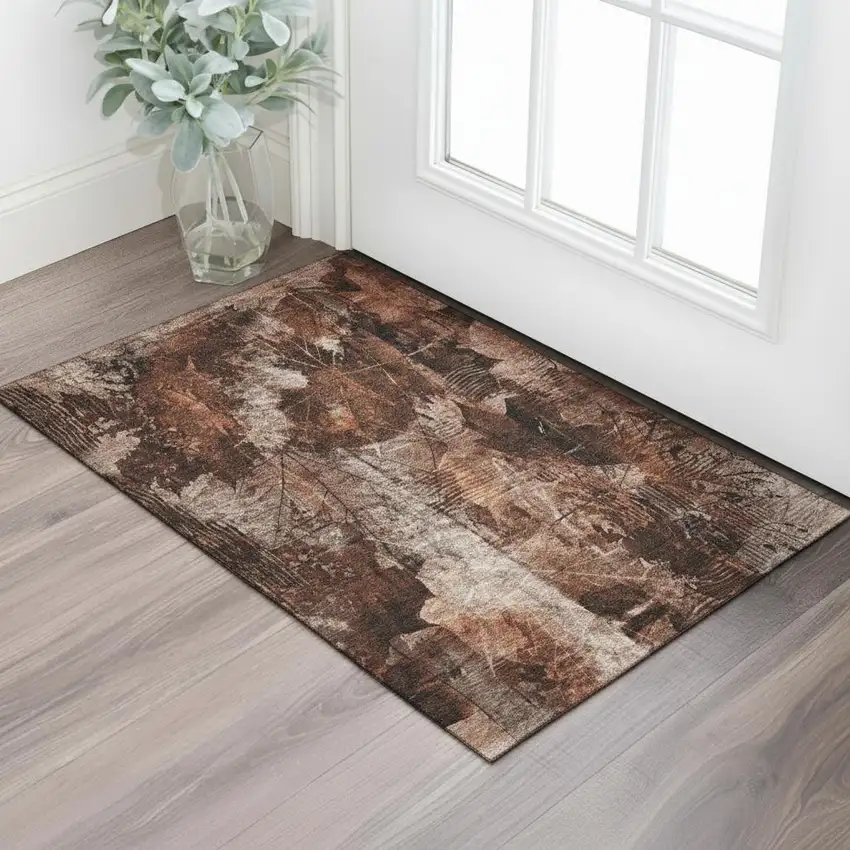 Rust And Ivory Floral Washable Area Rug With UV Protection Photo 2