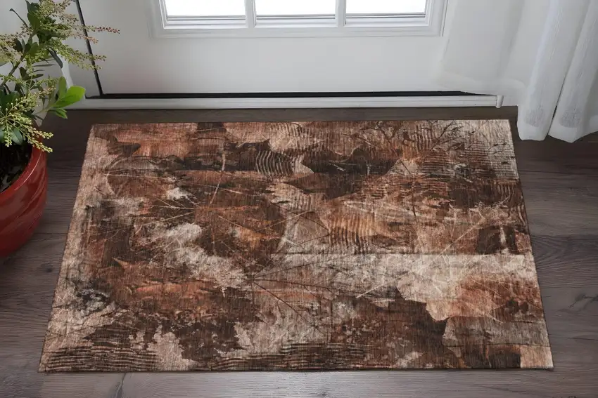 Rust And Ivory Floral Washable Area Rug With UV Protection Photo 2