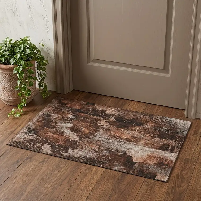 Rust And Ivory Floral Washable Area Rug With UV Protection Photo 1