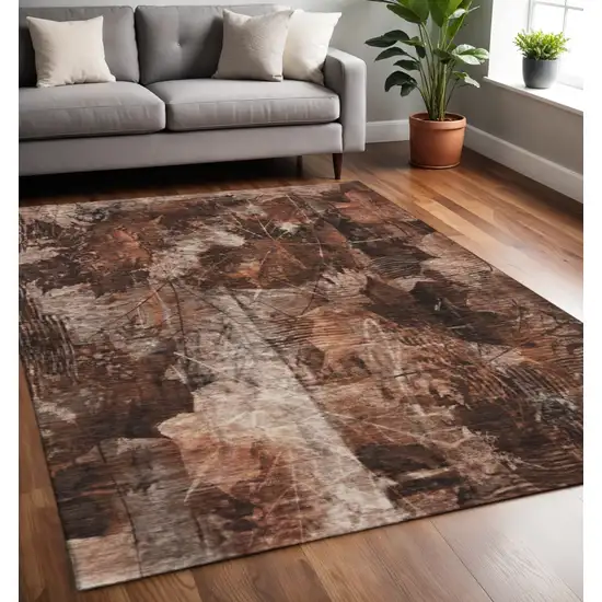 Rust And Ivory Floral Washable Area Rug With UV Protection Photo 2