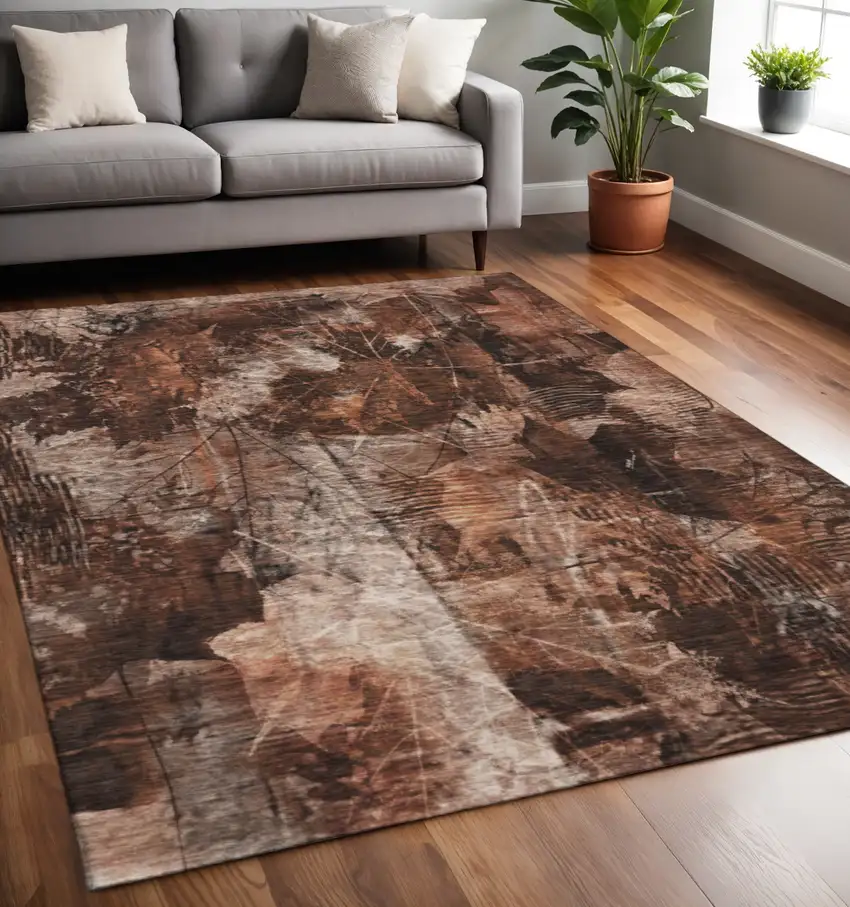 Rust And Ivory Floral Washable Area Rug With UV Protection Photo 2